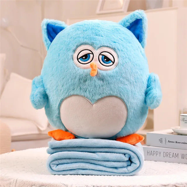 Fluffy Owl Stuffed Animals 40cm 16in Blue with blanket