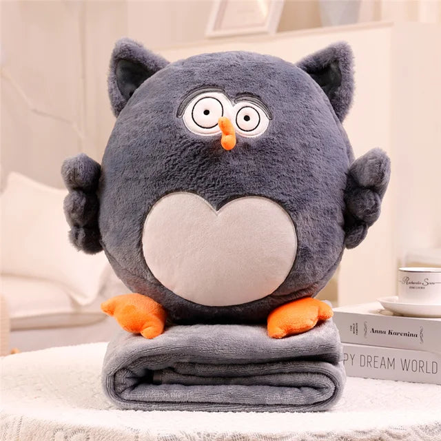 Fluffy Owl Stuffed Animals Gray with blanket
